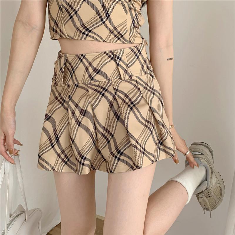 Plaid Puff Short Sleeve Crop Top and Pleated Mini Skirt Set - nightcity clothing