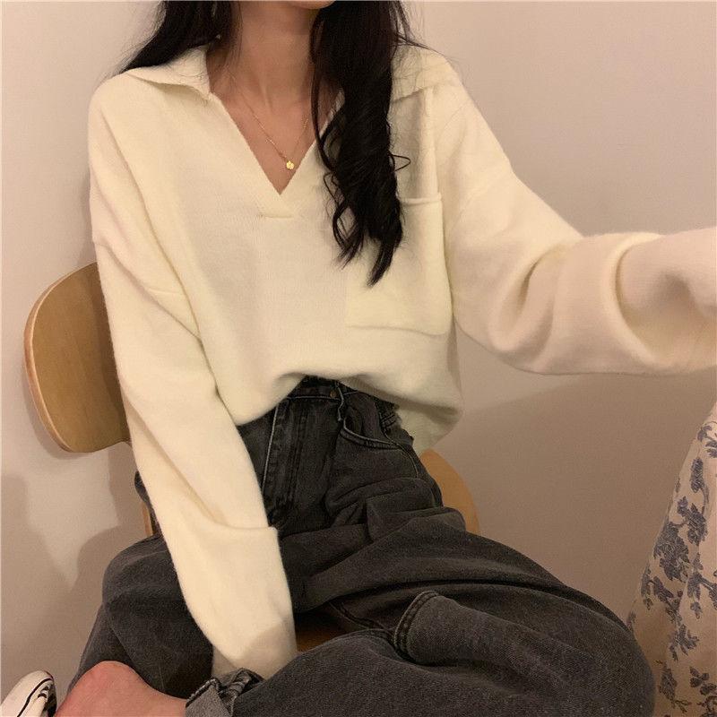 Mid-Crop Slim Knit Open-Collar Pullover - nightcity clothing