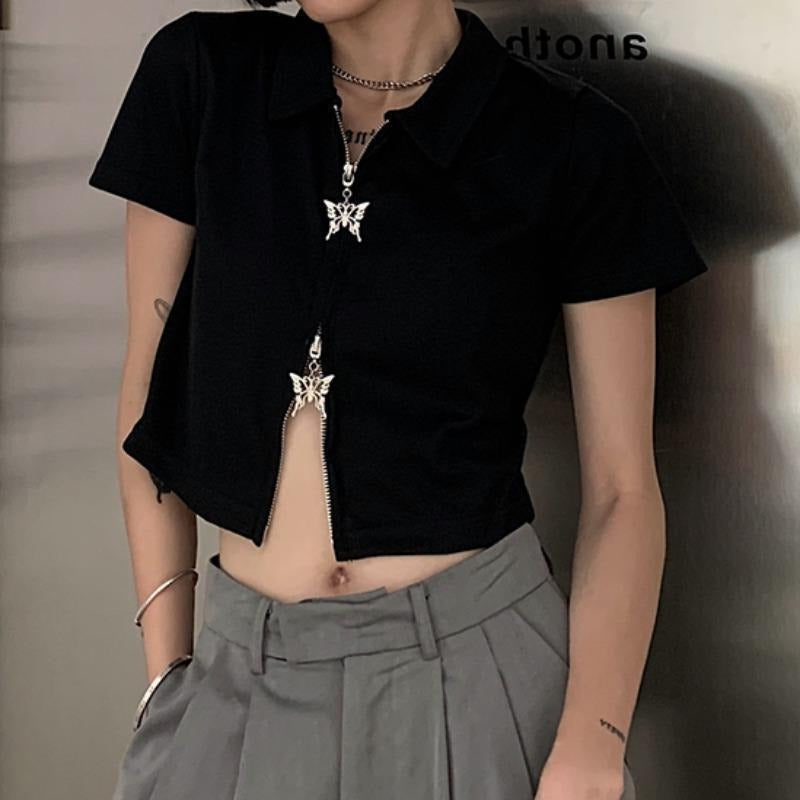 Slim Cropped Accessorized Zip-Up Short Sleeve Top - nightcity clothing