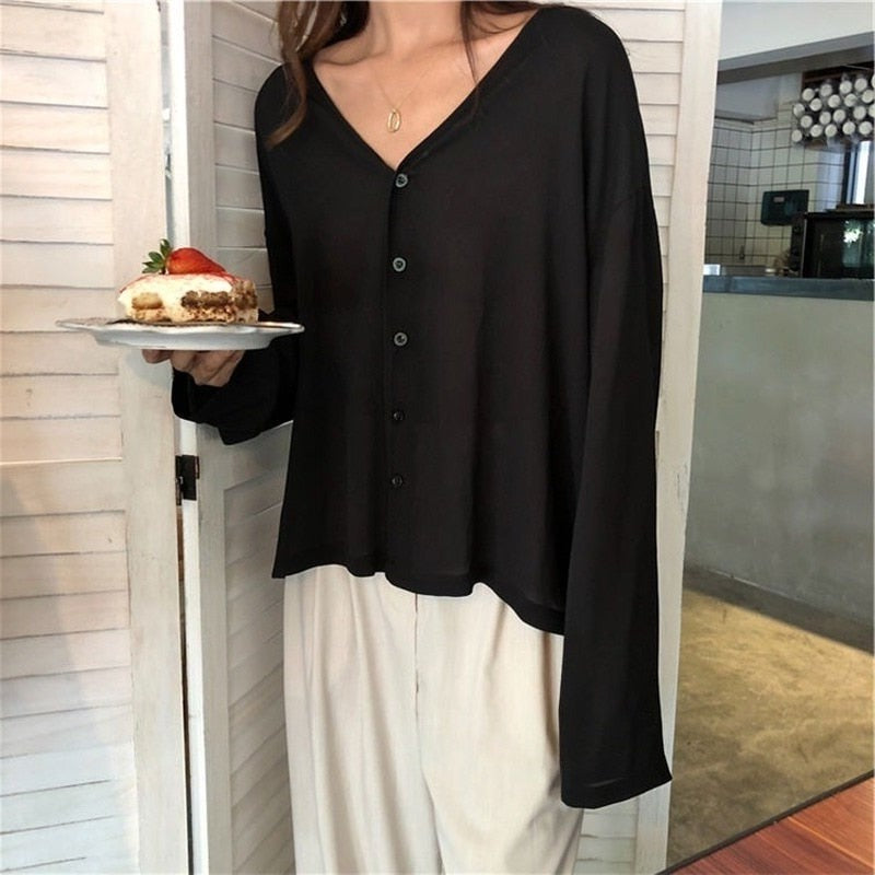 Flowy Button-Up Long Sleeve Top - nightcity clothing