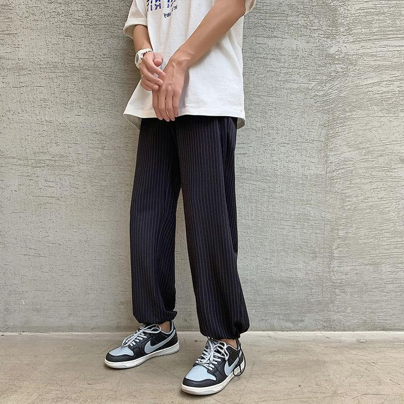 Wide Leg Pinstripe Pants with Drawstring Cuff - nightcity clothing