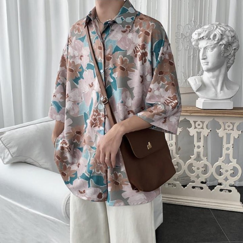 Oversized Floral Print Shirt with Three-Quarter Sleeves II - nightcity clothing