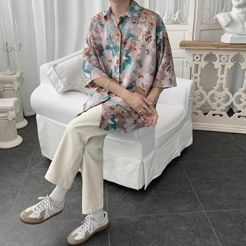 Oversized Floral Print Shirt with Three-Quarter Sleeves II - nightcity clothing
