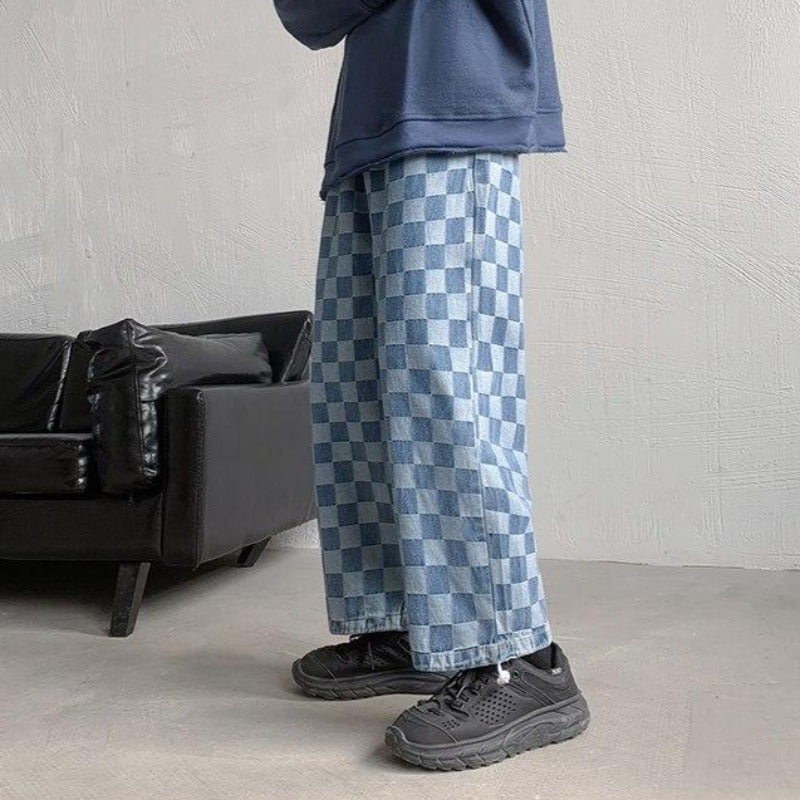 Checkered Print Wide Leg Pants - nightcity clothing