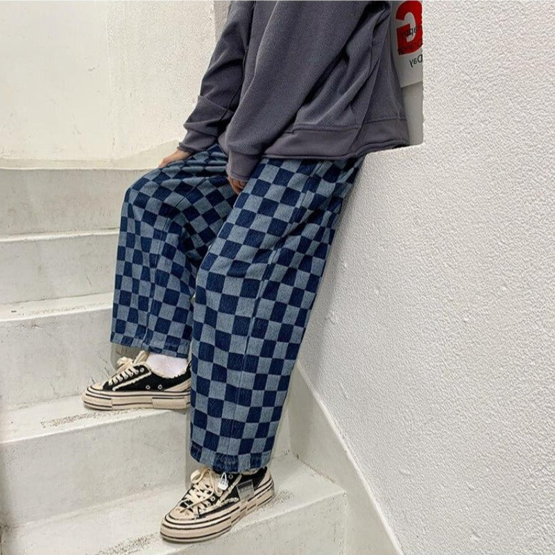 Checkered Print Wide Leg Pants - nightcity clothing