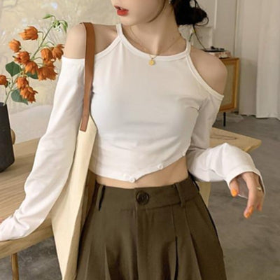 Cropped Cold Shoulder Long Sleeve Tee