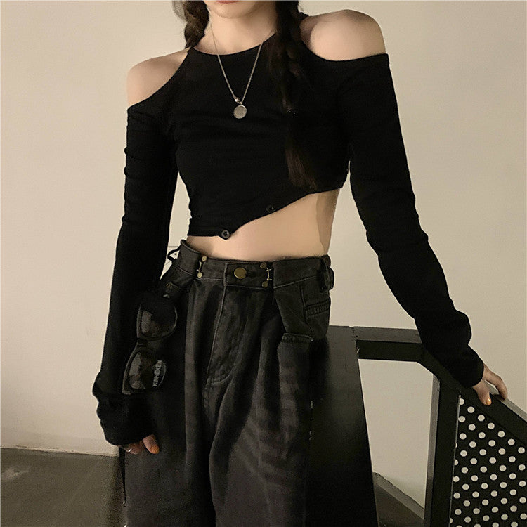 Cropped Cold Shoulder Long Sleeve Tee - nightcity clothing