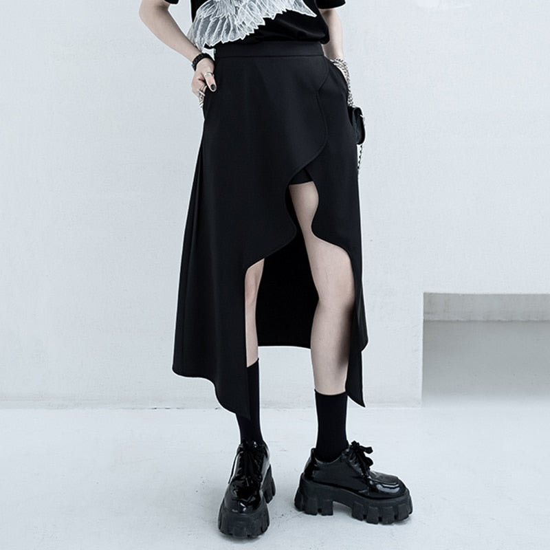 Asymmetric Curve-Cut High-Low Midi Skirt - nightcity clothing