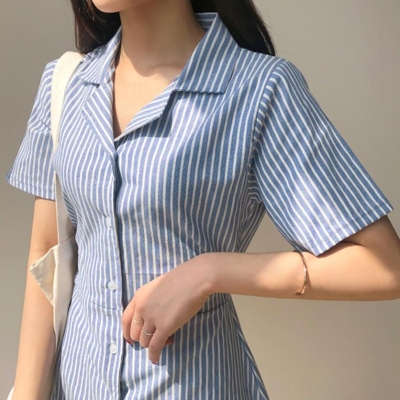 Slim Striped Short Sleeve Shirt-Dress - nightcity clothing