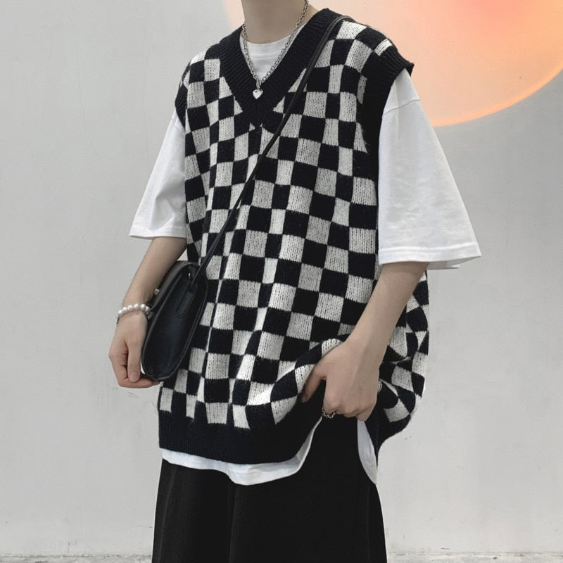 Checker Print Sleeveless Sweater Vest - nightcity clothing