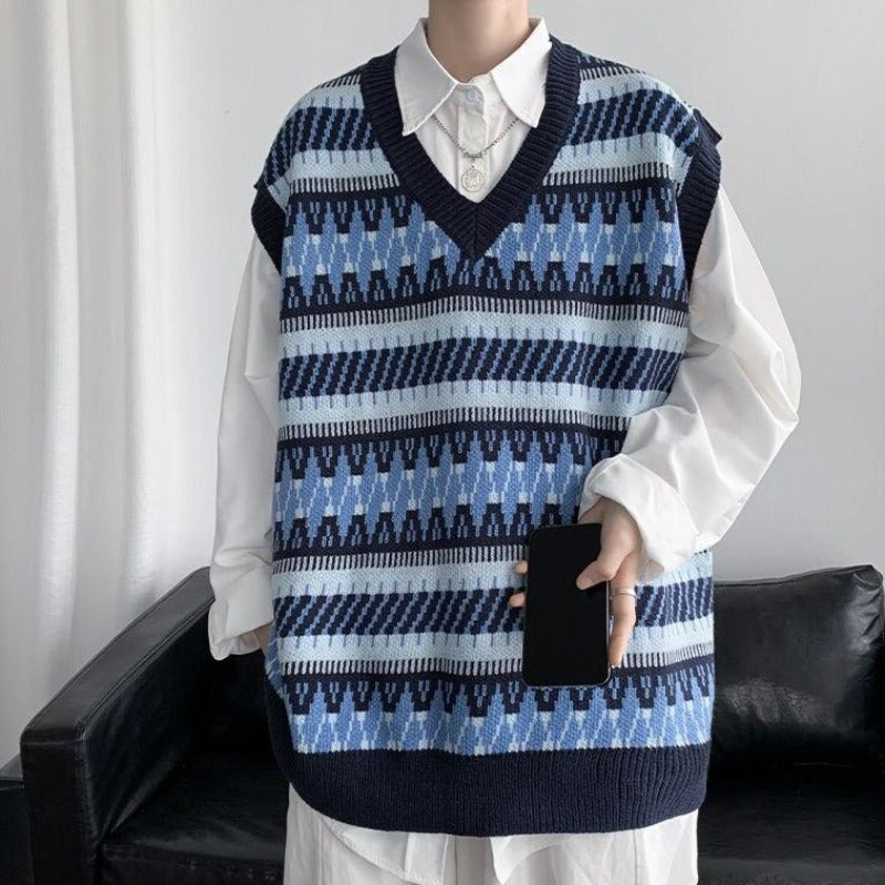 Sleeveless Fair Isle Pattern Print Sweater Vest - nightcity clothing