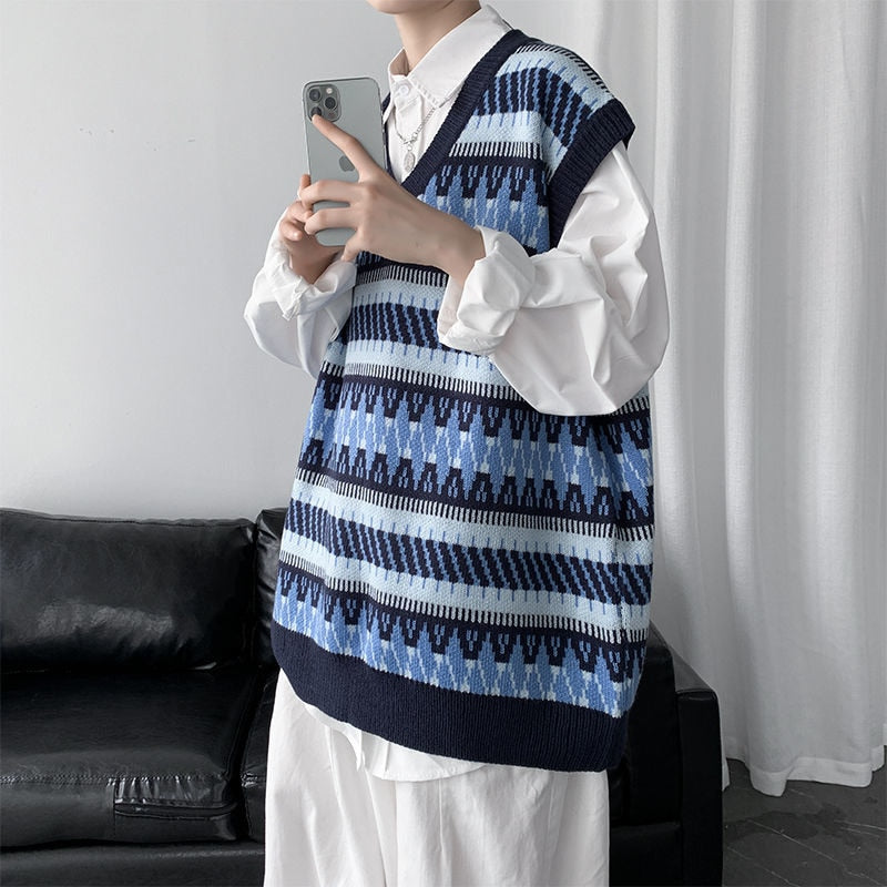 Sleeveless Fair Isle Pattern Print Sweater Vest - nightcity clothing