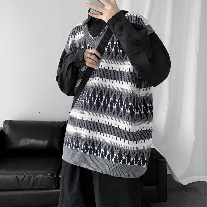 Sleeveless Fair Isle Pattern Print Sweater Vest - nightcity clothing