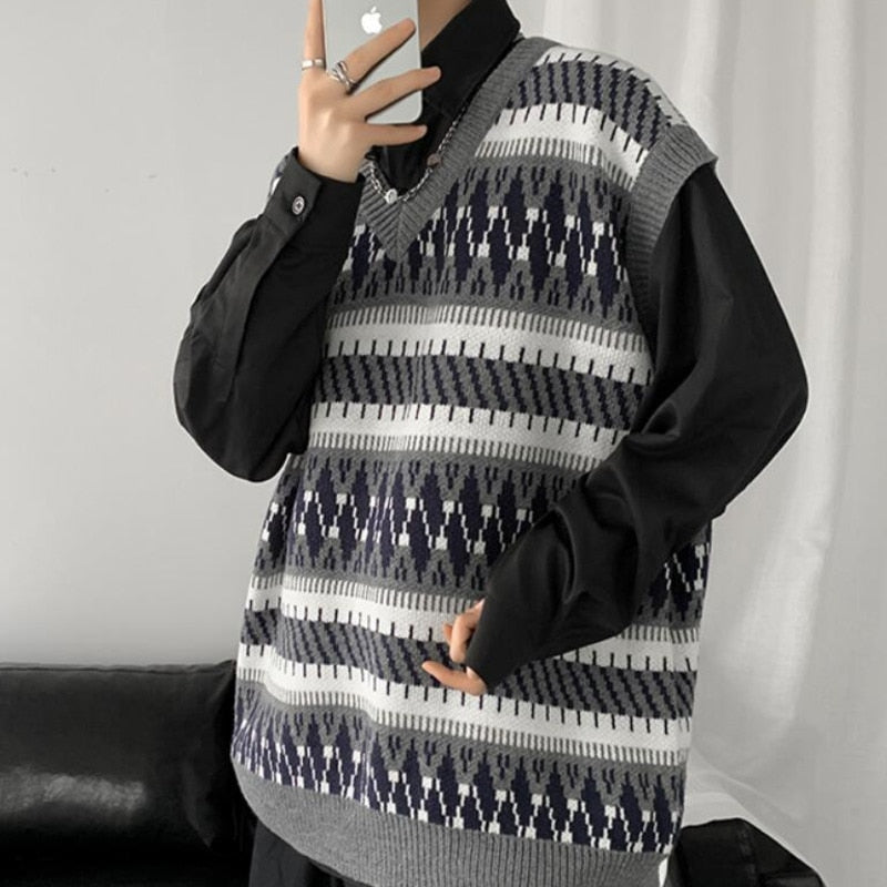 Sleeveless Fair Isle Pattern Print Sweater Vest - nightcity clothing