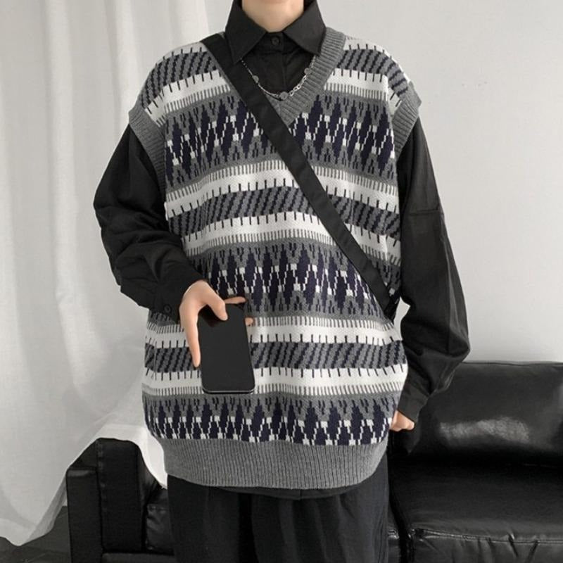 Sleeveless Fair Isle Pattern Print Sweater Vest - nightcity clothing