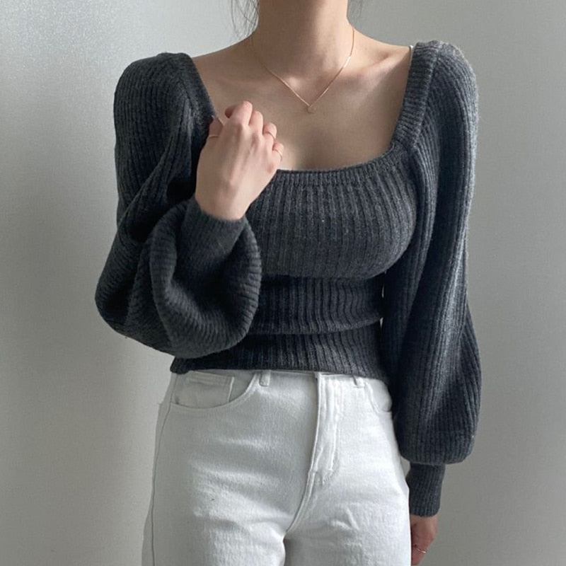 Ribbed Lantern Sleeve Knit Top with Rounded Low-Cut Neckline - nightcity clothing