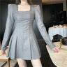 Square-Neck Boxy Pleated Long Sleeve Mini Dress - nightcity clothing