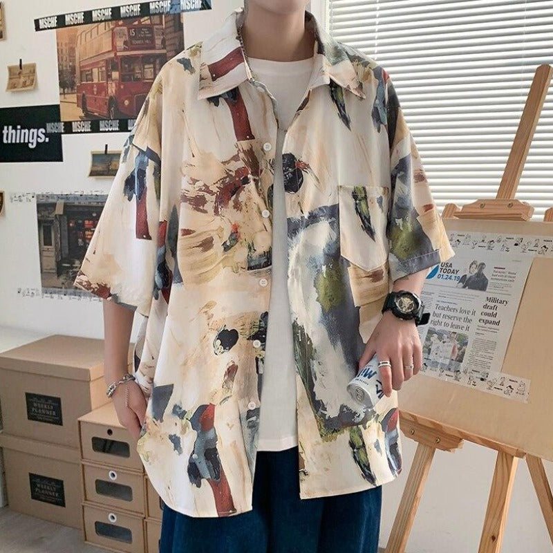 Oversized Vintage Patterned Print Short Sleeve Shirt II - nightcity clothing
