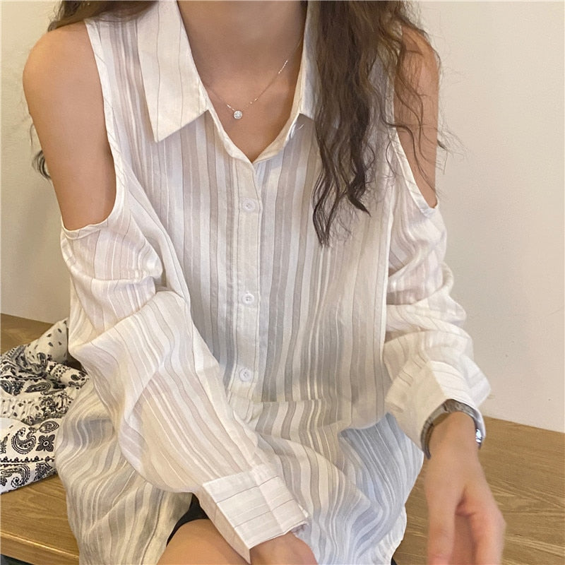 Cold Shoulder Textured Shirt - nightcity clothing