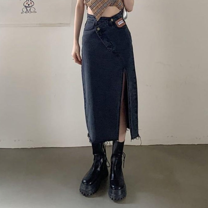 Asymmetric Distressed Hem Split Denim Midi Skirt - nightcity clothing