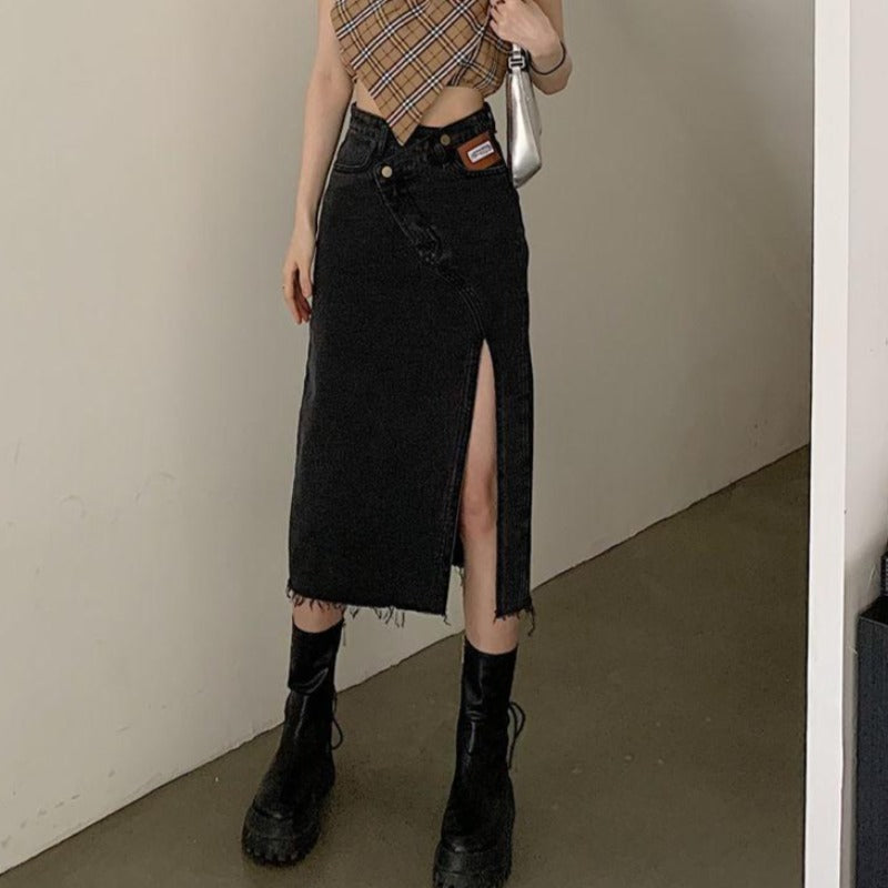 Asymmetric Distressed Hem Split Denim Midi Skirt - nightcity clothing