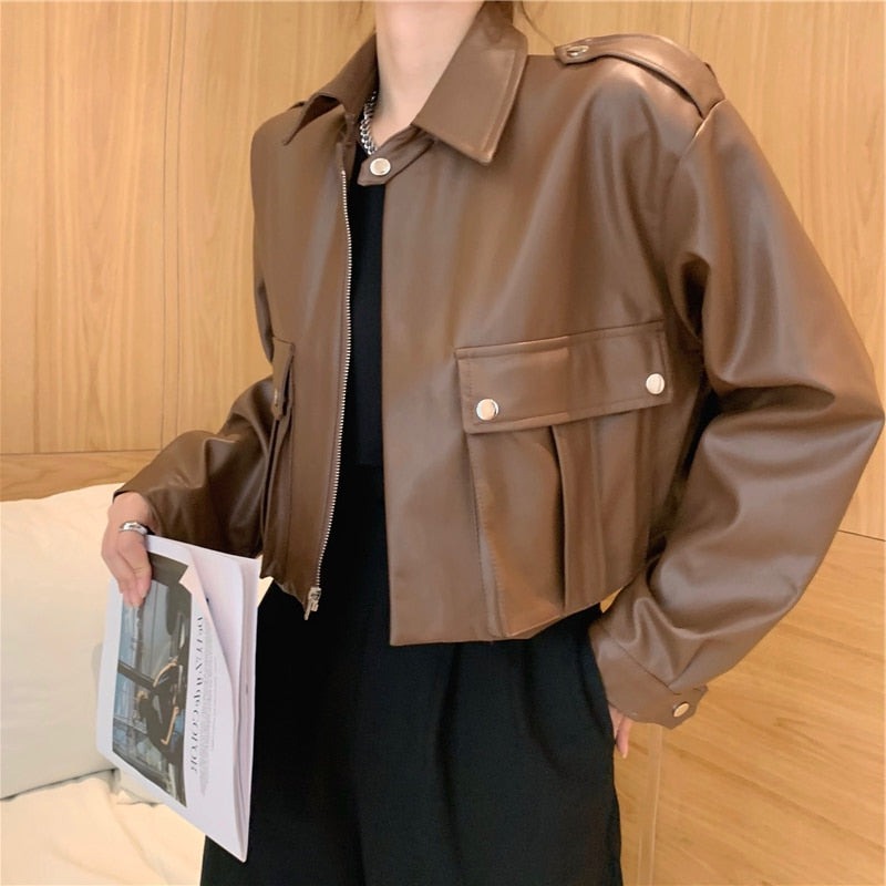 Slim Cropped Faux Leather Pocketed Jacket - nightcity clothing