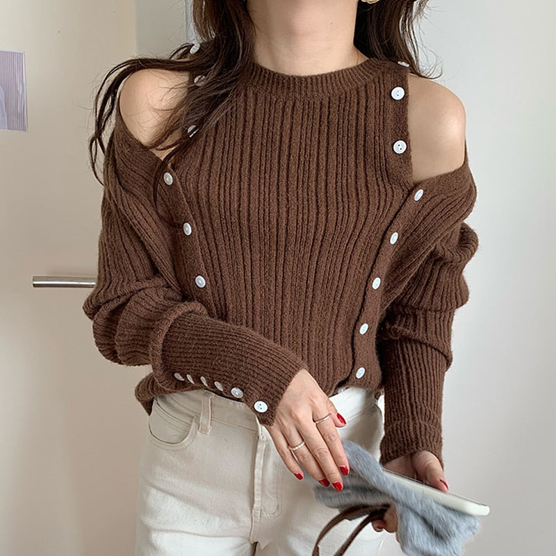 Skinny Mock Layer Button-Shoulder Ribbed Sweater - nightcity clothing
