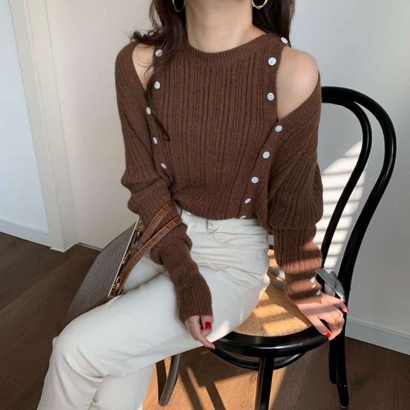 Skinny Mock Layer Button-Shoulder Ribbed Sweater - nightcity clothing
