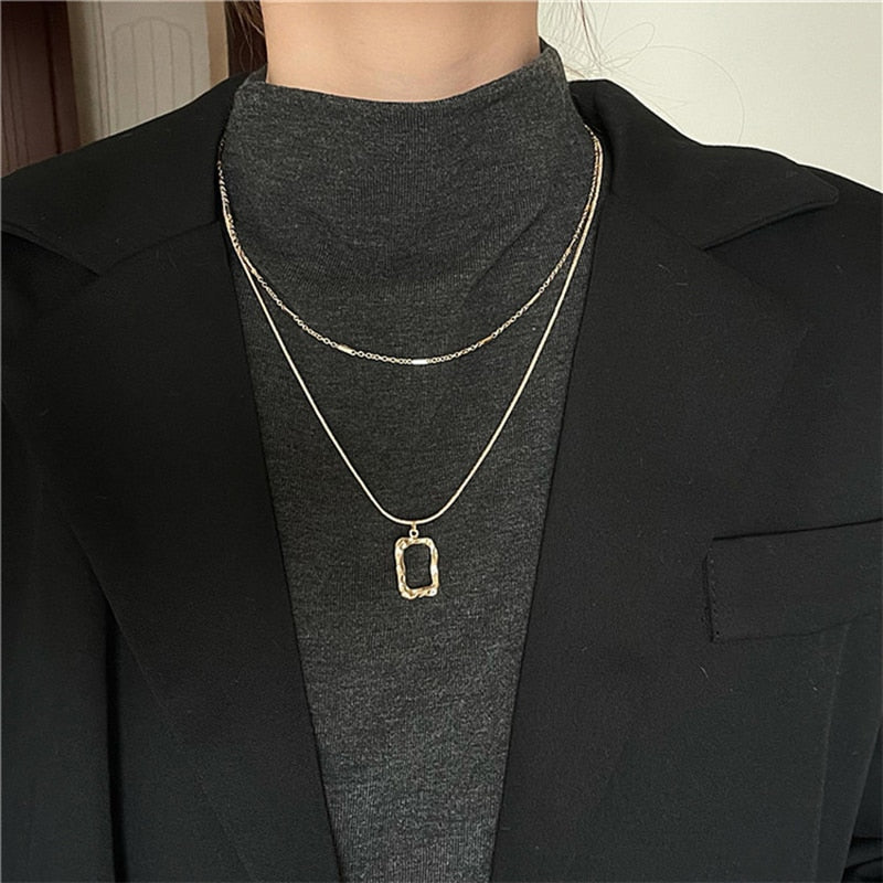 Double Chain Necklace with Hollow Rectangle Pendant - nightcity clothing
