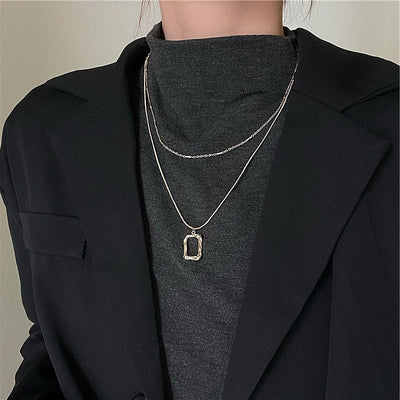 Double Chain Necklace with Hollow Rectangle Pendant