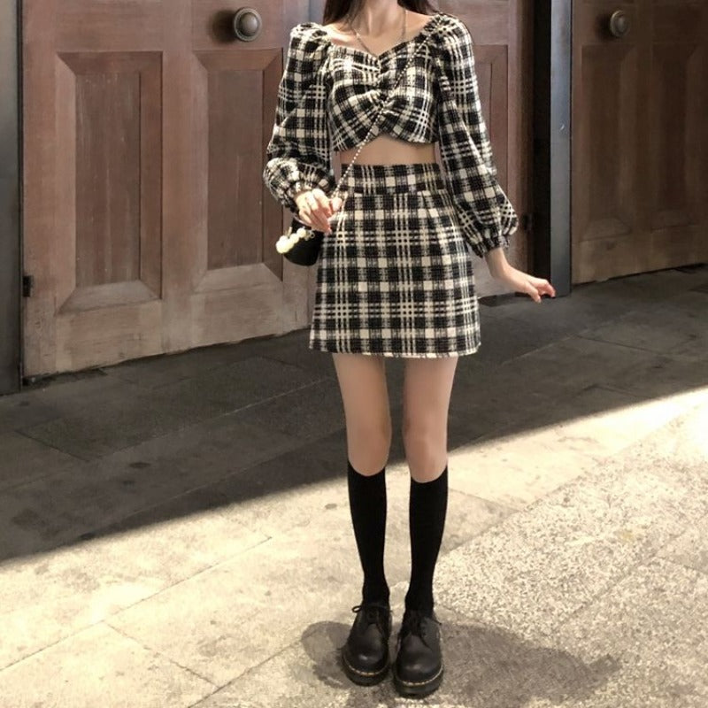 Plaid Ruched Crop Top and Mini Skirt Two-Piece Set - nightcity clothing