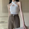 Skinny Cross Neck Halter Ribbed Top - nightcity clothing